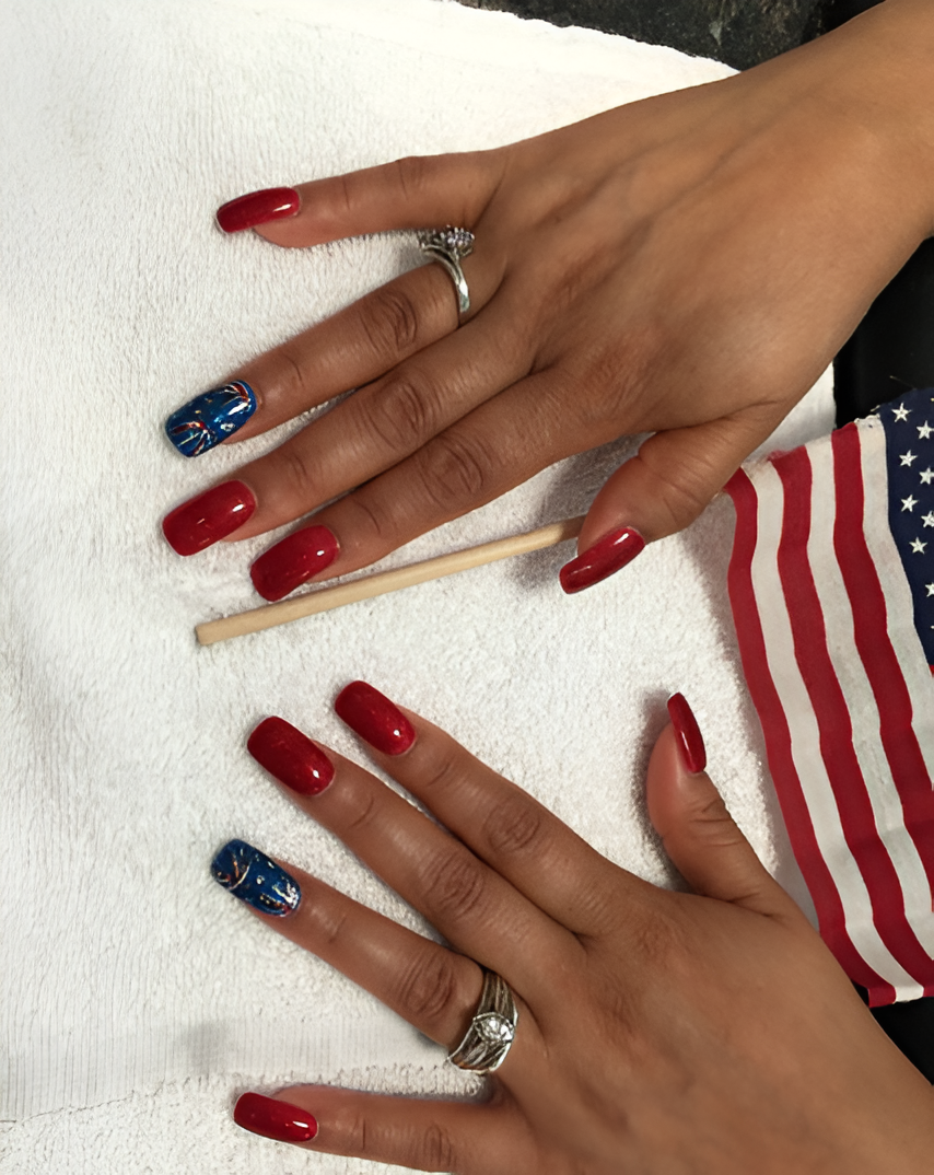 Patriotic red nails with American flag accent nail